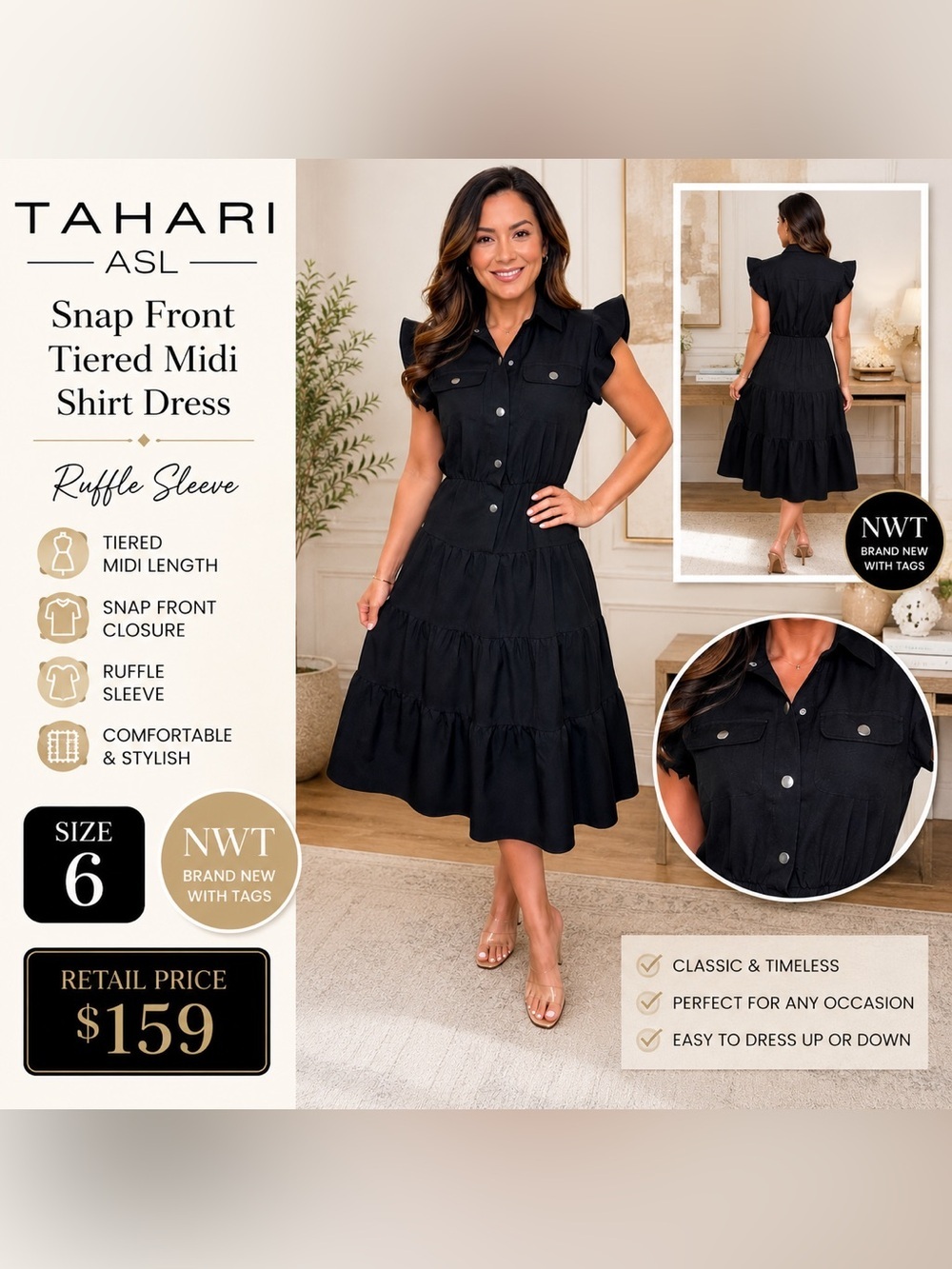 Tahari ASL Black Snap Front Tiered Midi Shirt Dress Ruffle Sleeve NWT Size 6